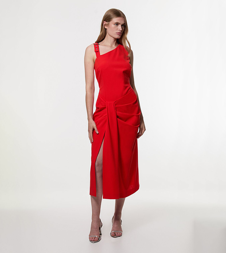 Asymmetric Neck Strappy Detail Midi Dress