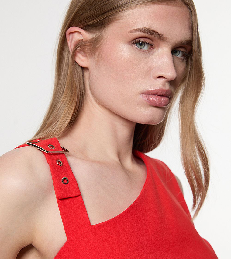 Asymmetric Neck Strappy Detail Midi Dress