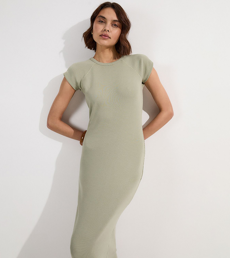 Petite Compact Jersey Rib Cap Sleeves Maxi Dress