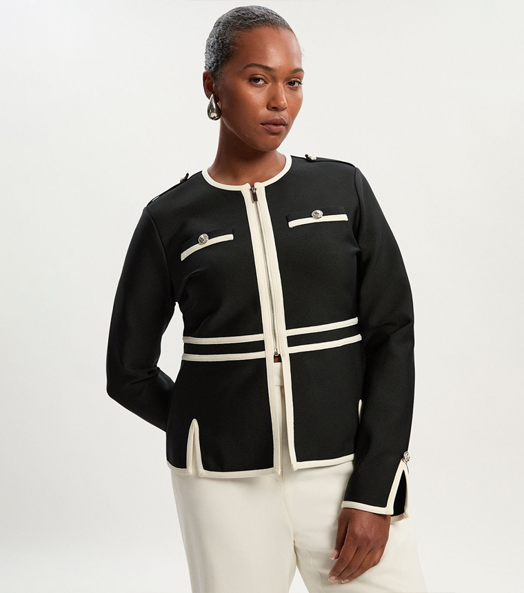 Curve Figure Form Bandage Military Contrast Piping Knit Split Hem Jacket