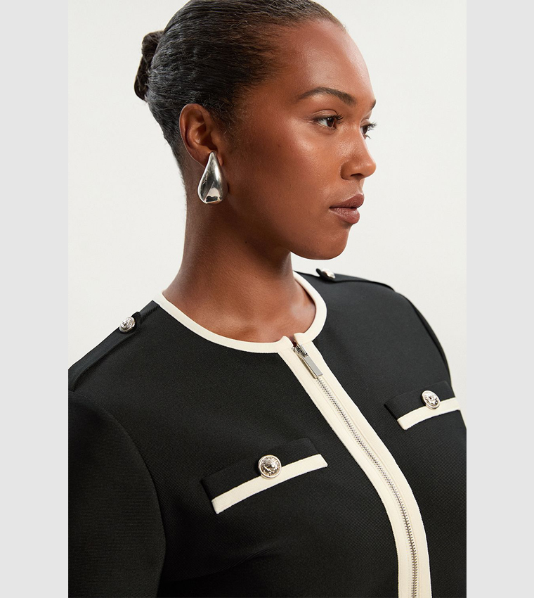 Curve Figure Form Bandage Military Contrast Piping Knit Split Hem Jacket