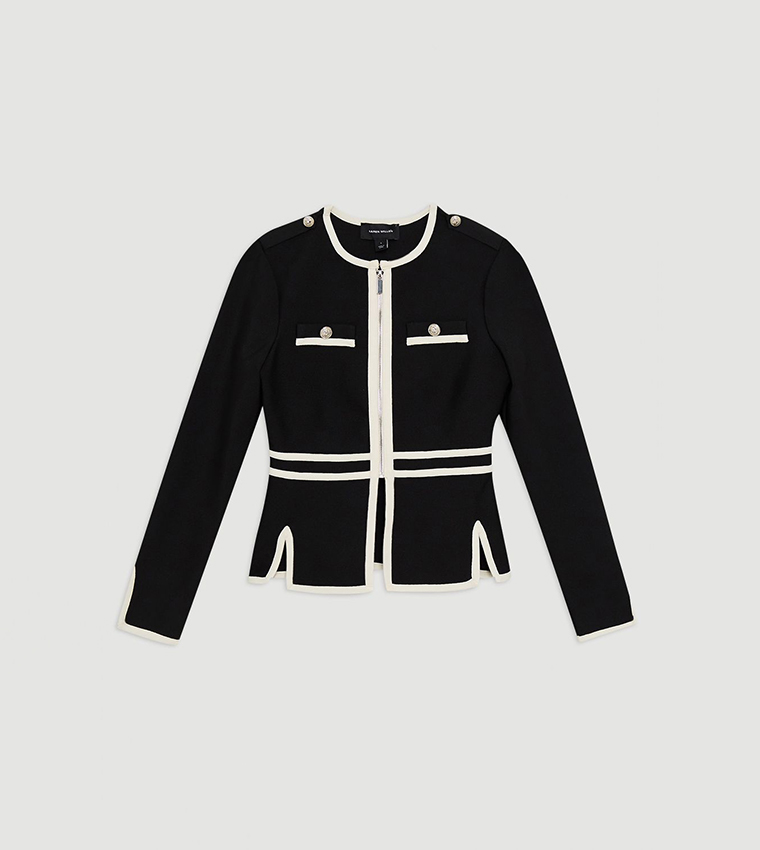 Curve Figure Form Bandage Military Contrast Piping Knit Split Hem Jacket