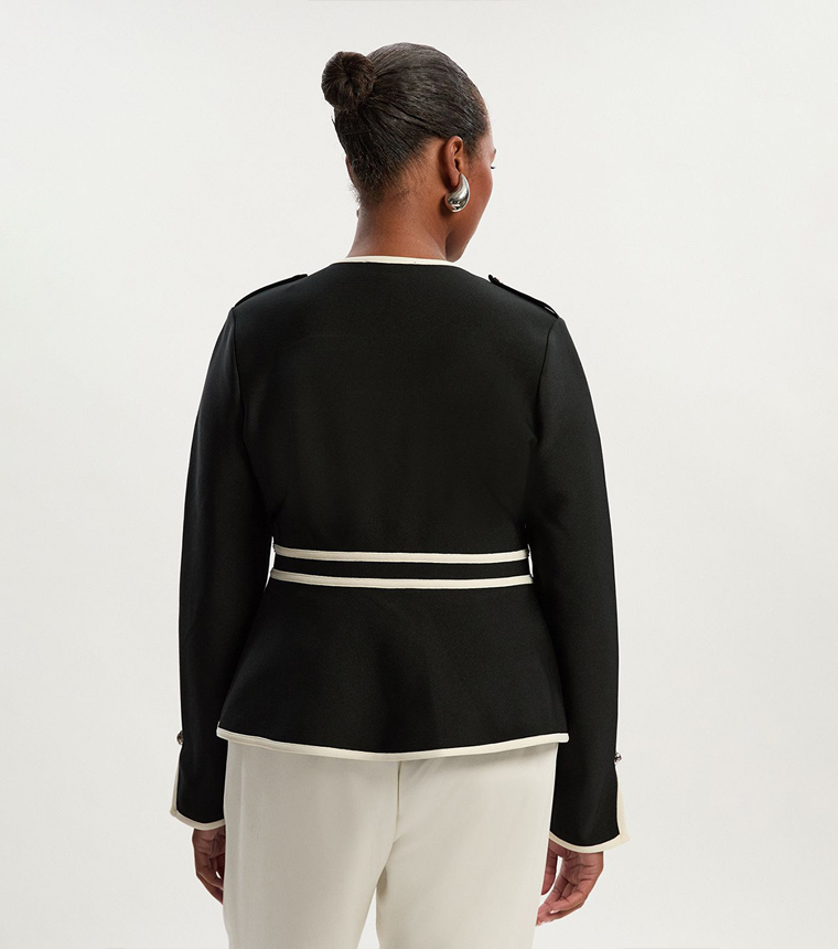Curve Figure Form Bandage Military Contrast Piping Knit Split Hem Jacket