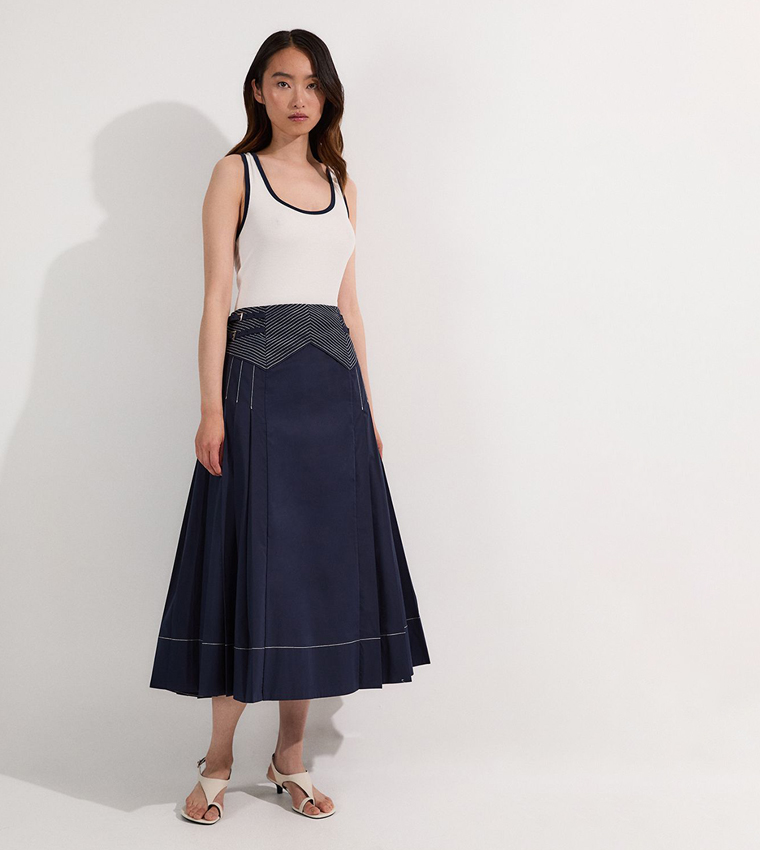 Cotton Poplin Top Stitch Detail Woven Pleat Skirt