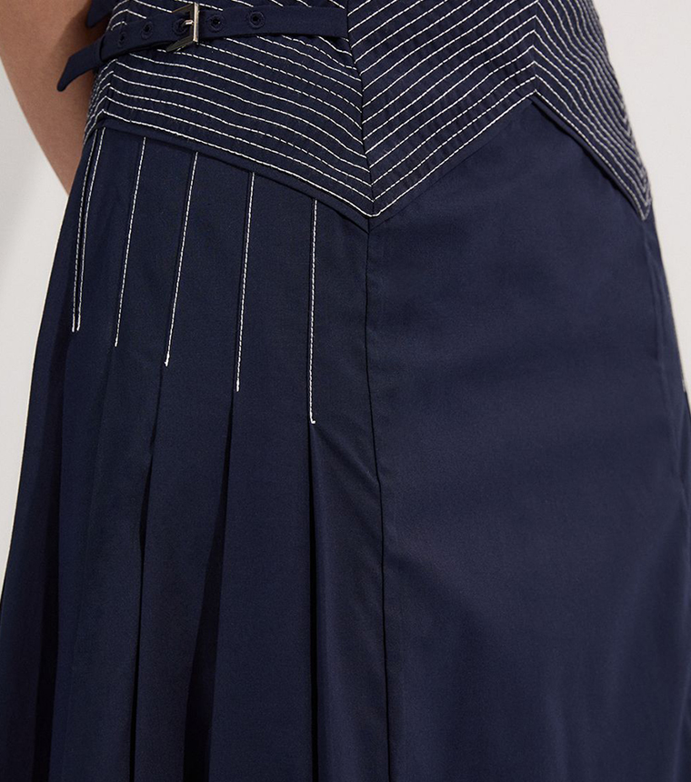 Cotton Poplin Top Stitch Detail Woven Pleat Skirt