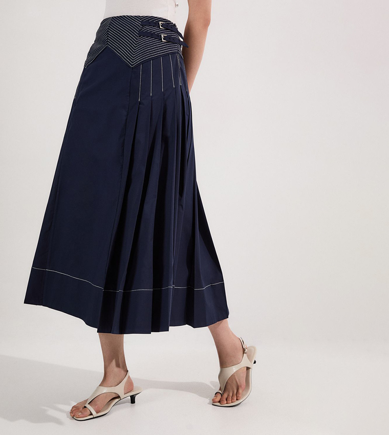 Cotton Poplin Top Stitch Detail Woven Pleat Skirt
