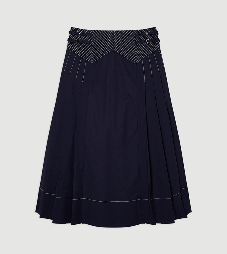 Cotton Poplin Top Stitch Detail Woven Pleat Skirt