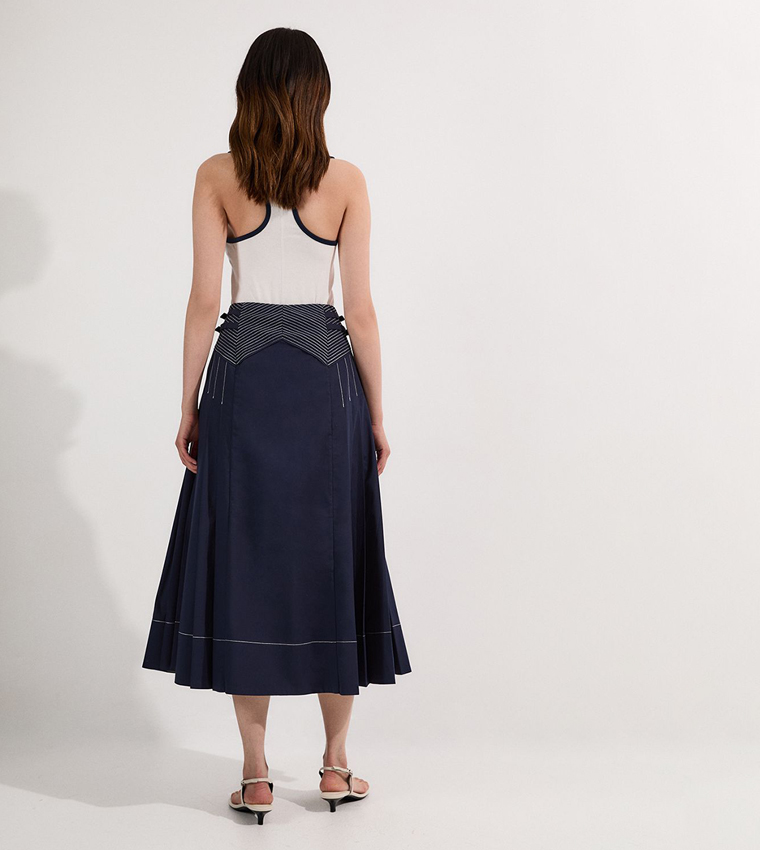 Cotton Poplin Top Stitch Detail Woven Pleat Skirt
