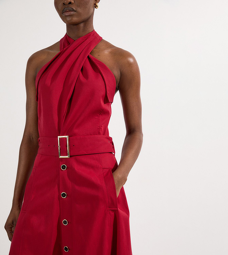 Tailored Polished Cotton Belted Halterneck Midi Dress