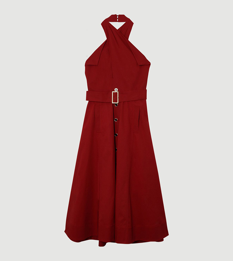 Tailored Polished Cotton Belted Halterneck Midi Dress