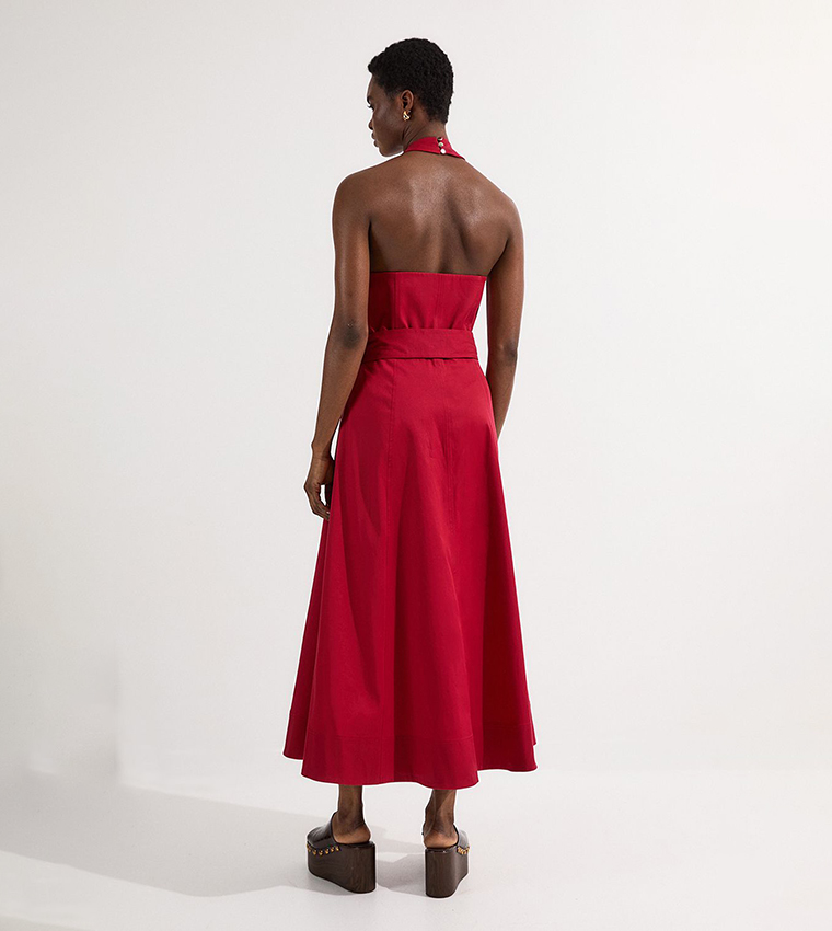 Tailored Polished Cotton Belted Halterneck Midi Dress