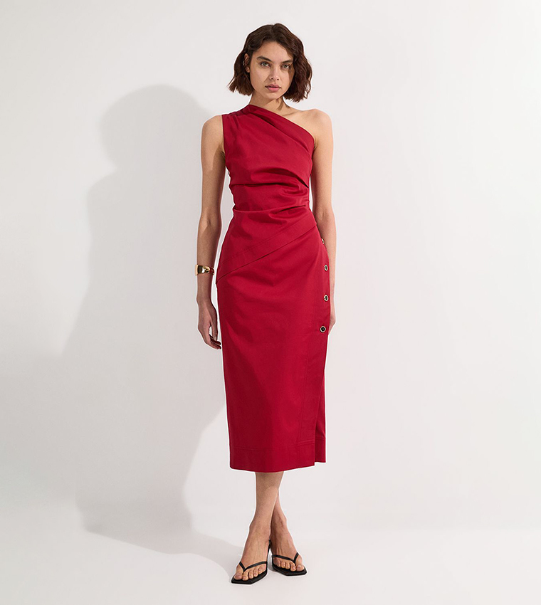 Tailored Polished Cotton One Shoulder Midi Dress