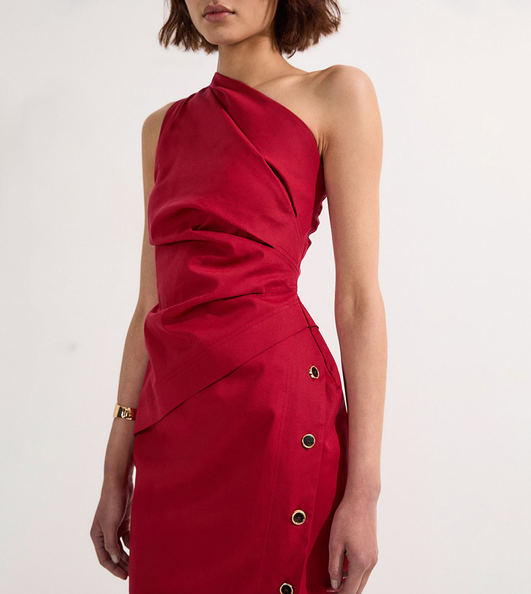 Tailored Polished Cotton One Shoulder Midi Dress