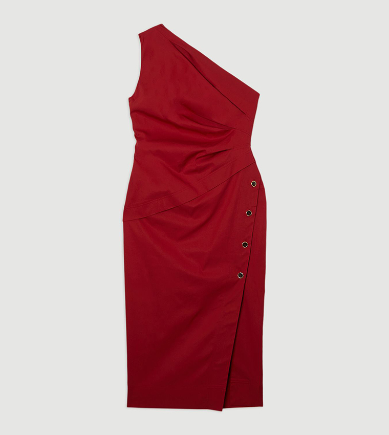 Tailored Polished Cotton One Shoulder Midi Dress