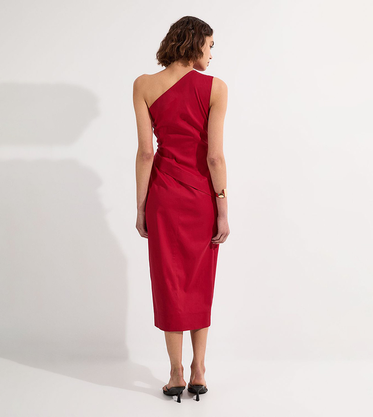 Tailored Polished Cotton One Shoulder Midi Dress