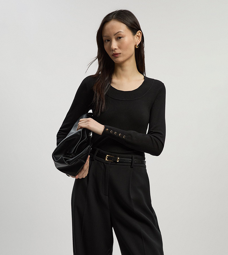 Viscose Blend Long Sleeves Scoop Neck Knitted Top