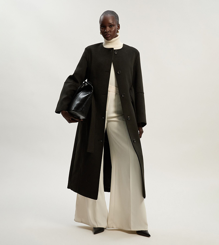 Brushed Wool Single Breasted Belted Coat