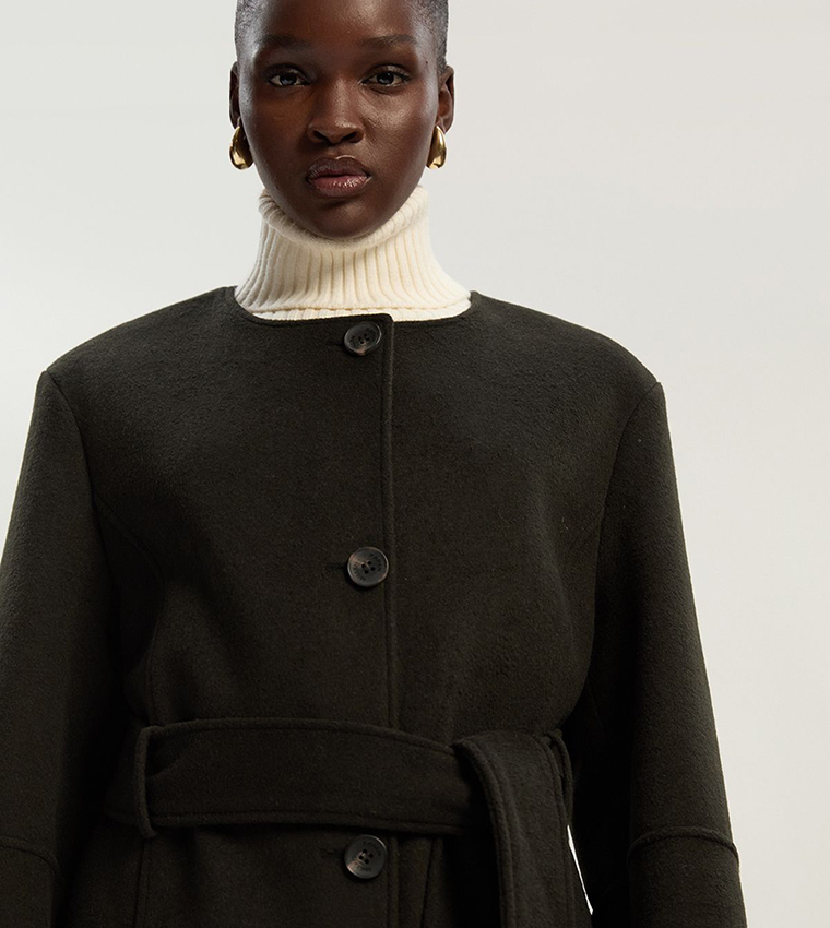 Brushed Wool Single Breasted Belted Coat