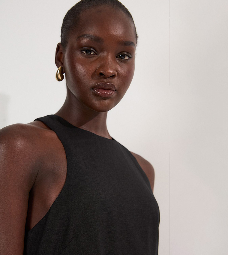 Viscose Linen Halter Open Back Woven Column Dress