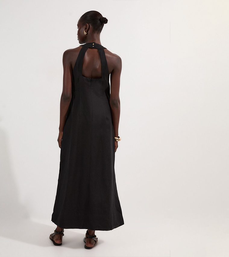 Viscose Linen Halter Open Back Woven Column Dress