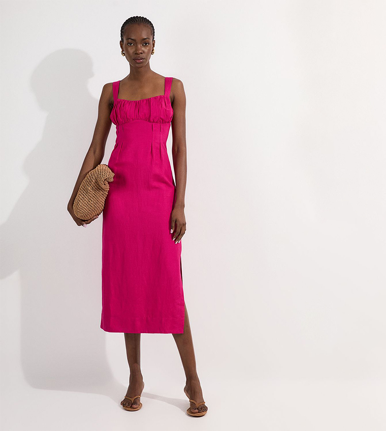Viscose Linen Ruched Detail Strappy Midi Dress