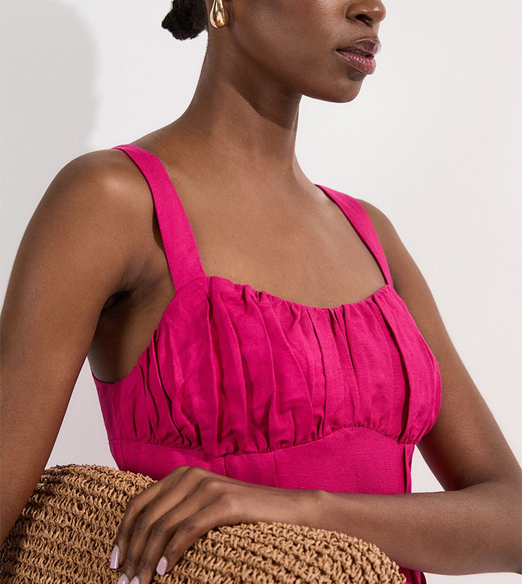 Viscose Linen Ruched Detail Strappy Midi Dress
