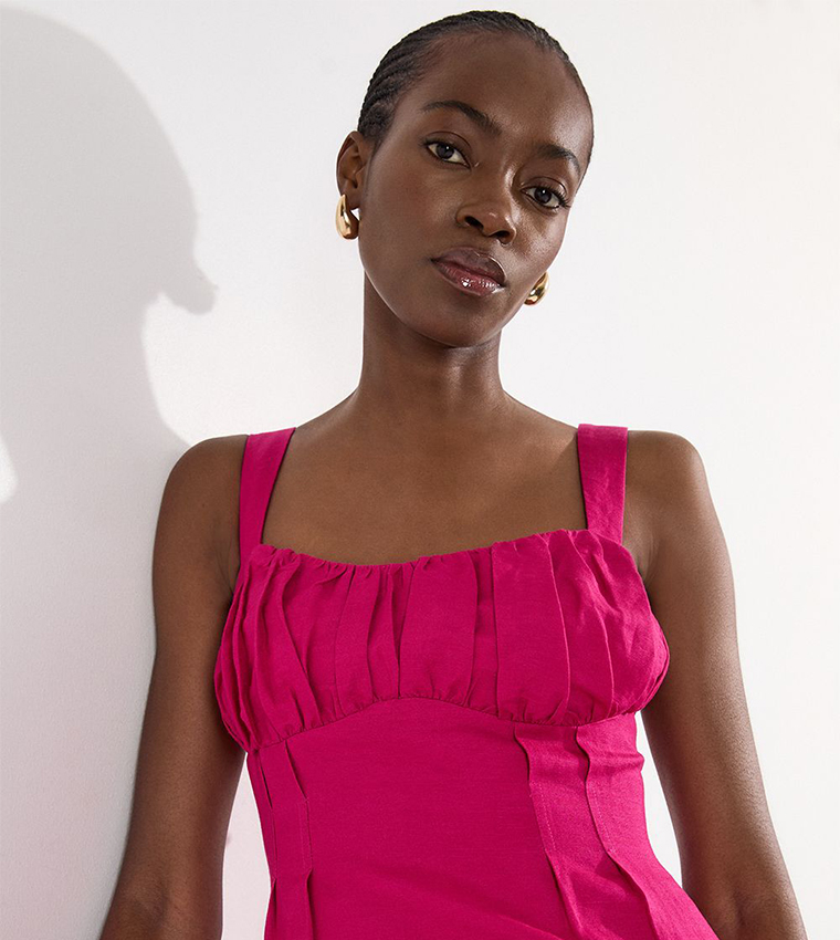 Viscose Linen Ruched Detail Strappy Midi Dress