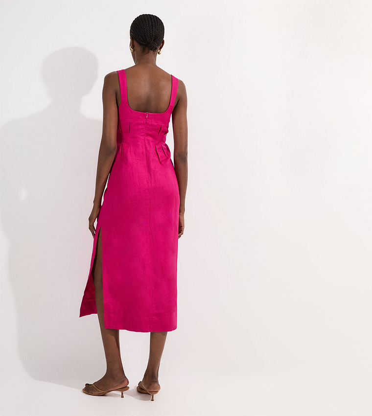 Viscose Linen Ruched Detail Strappy Midi Dress