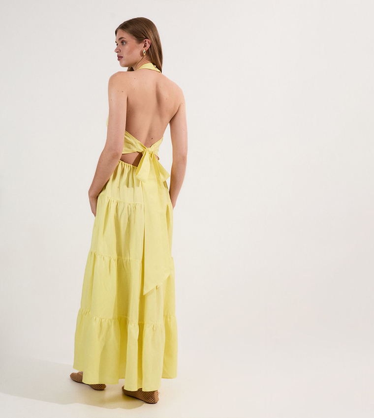 Viscose Linen Halter Tiered Woven Maxi Dress