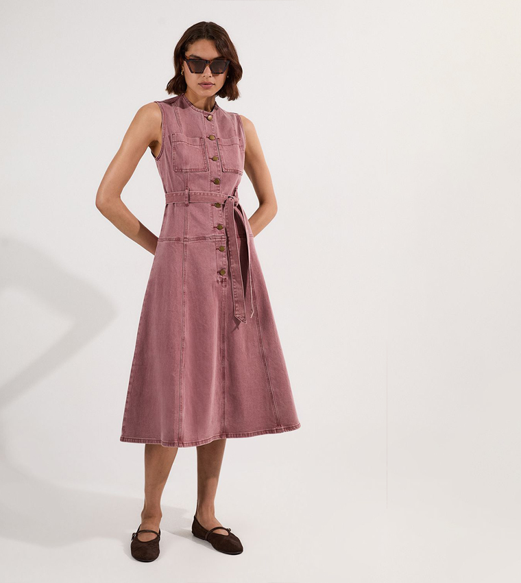 Colored Denim Belted Midi Dress
