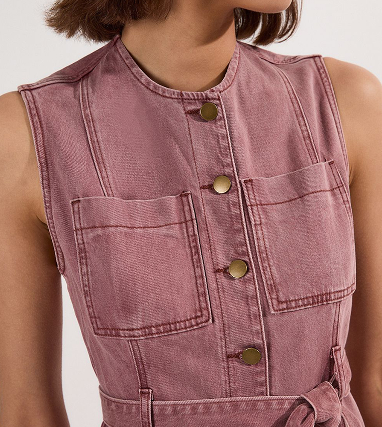 Colored Denim Belted Midi Dress
