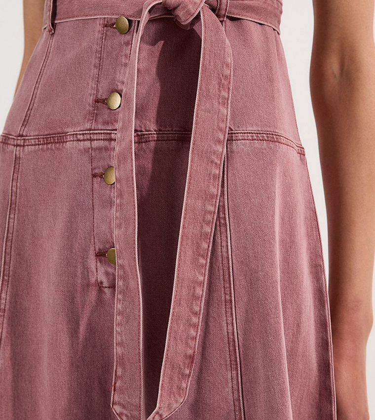 Colored Denim Belted Midi Dress