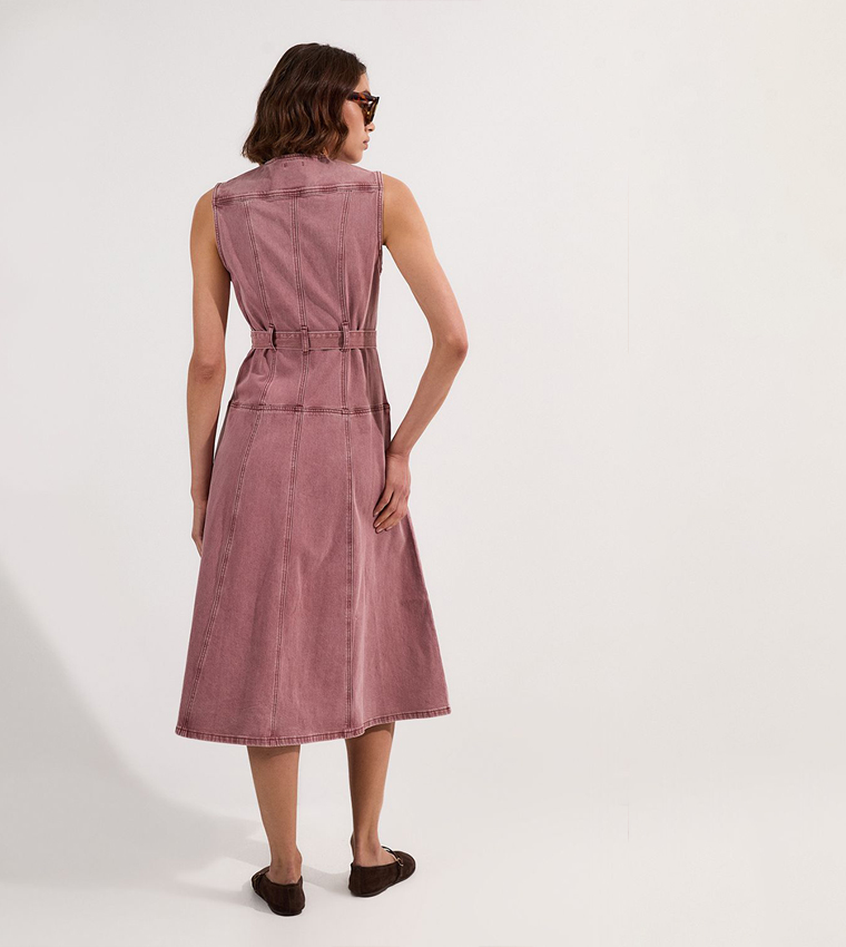 Colored Denim Belted Midi Dress