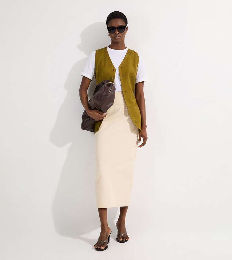 Buy Karen Millen Petite Corset Waist Denim Midi Skirt In White