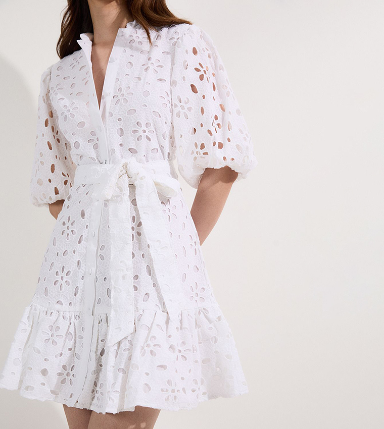 Cotton Broderie Belted Woven Mini Dress