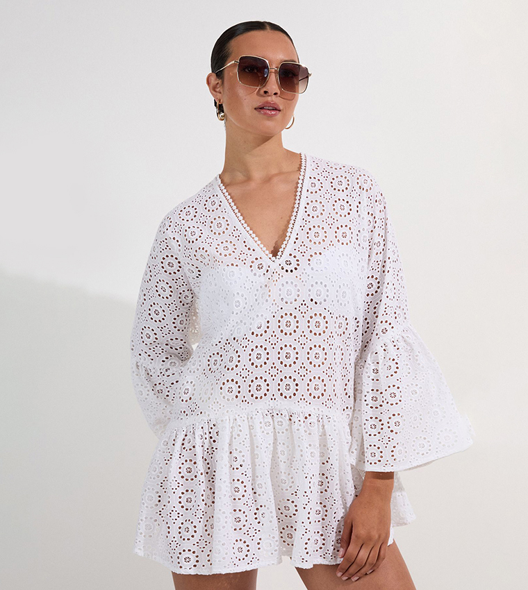 beach dress shoes for men White Broderie Frill Strap Smock Midi Dress 14