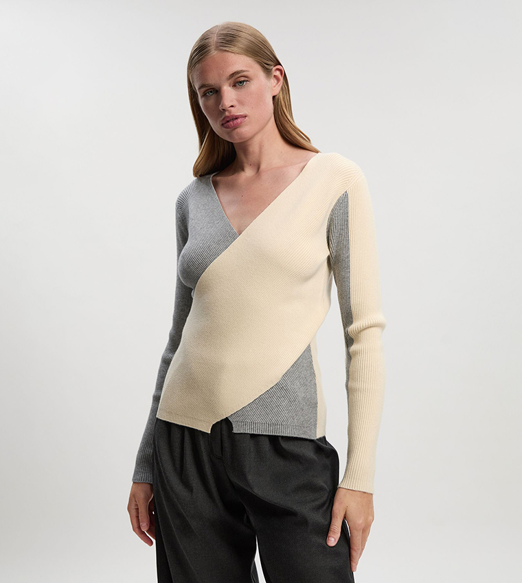 Soft Ribbed Wrap Front V-Neck Sweater