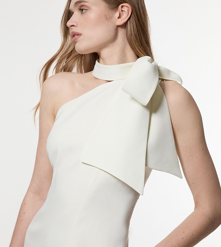 Petite Satin Bow Tie Neck Tailored Midi Dress