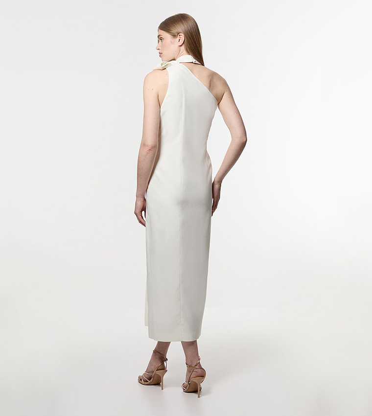 Petite Satin Bow Tie Neck Tailored Midi Dress