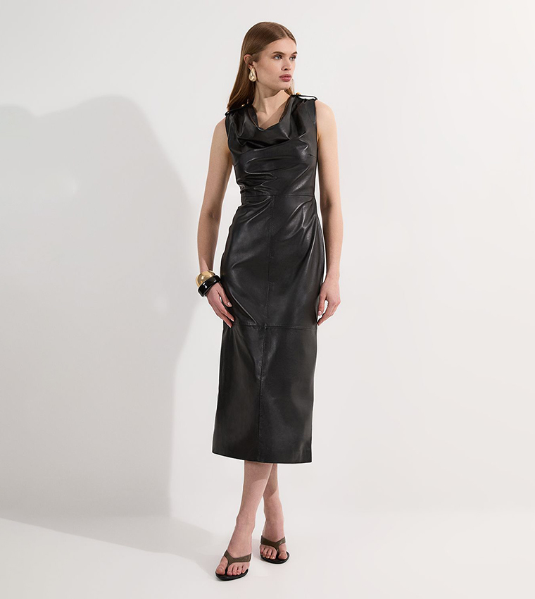 Leather Cowl Neck Drape Pencil Midi Dress