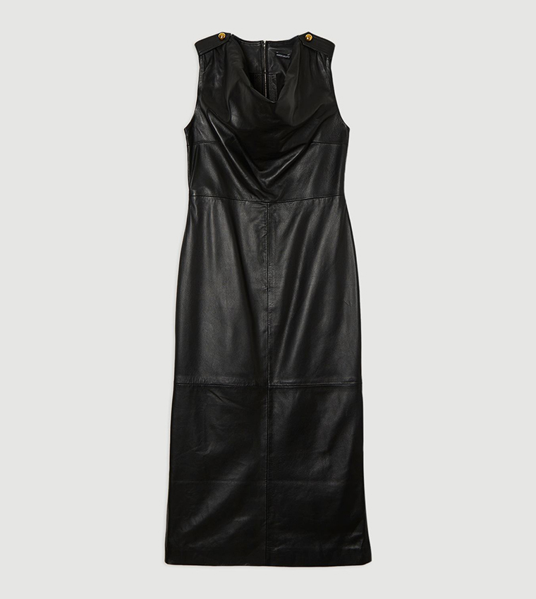 Leather Cowl Neck Drape Pencil Midi Dress