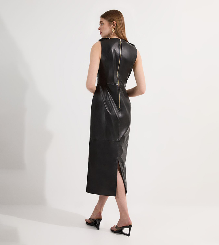 Leather Cowl Neck Drape Pencil Midi Dress