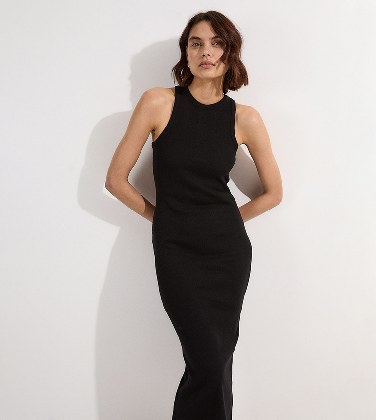Ribbed Compact Jersey Sleeveless Midi Dress