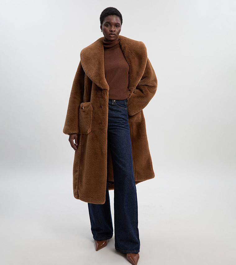 Petite Faux Fur Buttoned Midi Coat