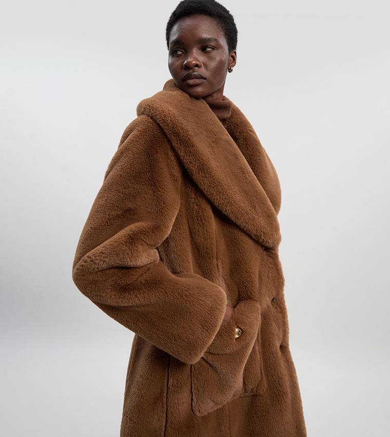 Petite Faux Fur Buttoned Midi Coat