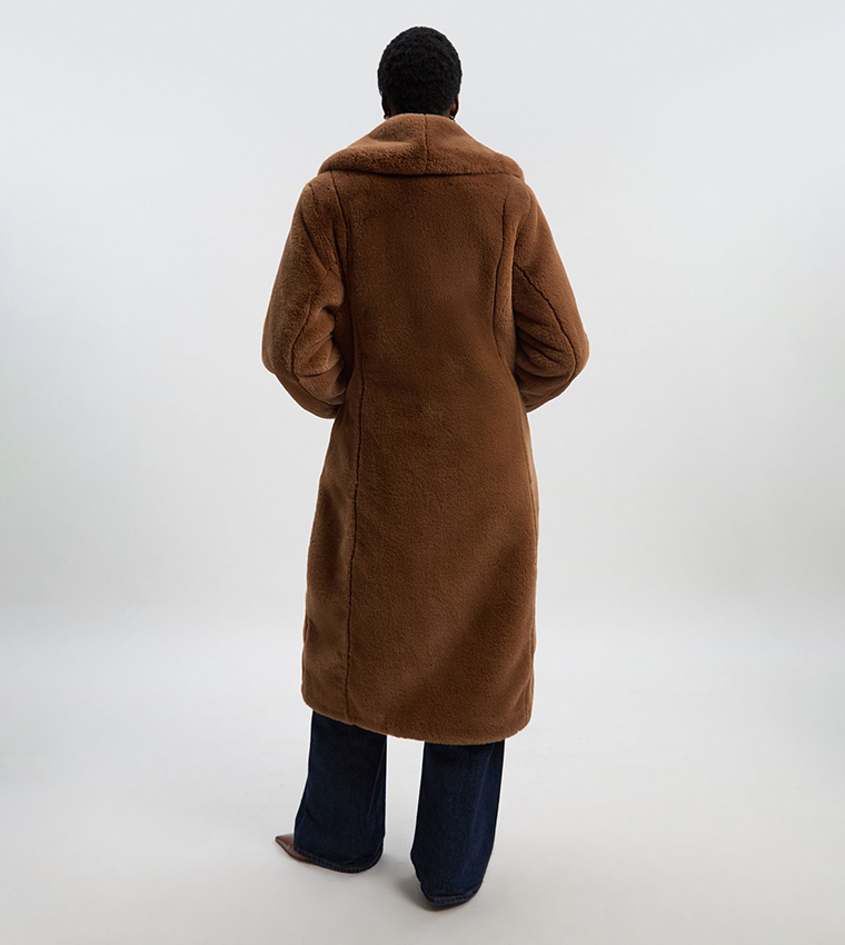 Petite Faux Fur Buttoned Midi Coat