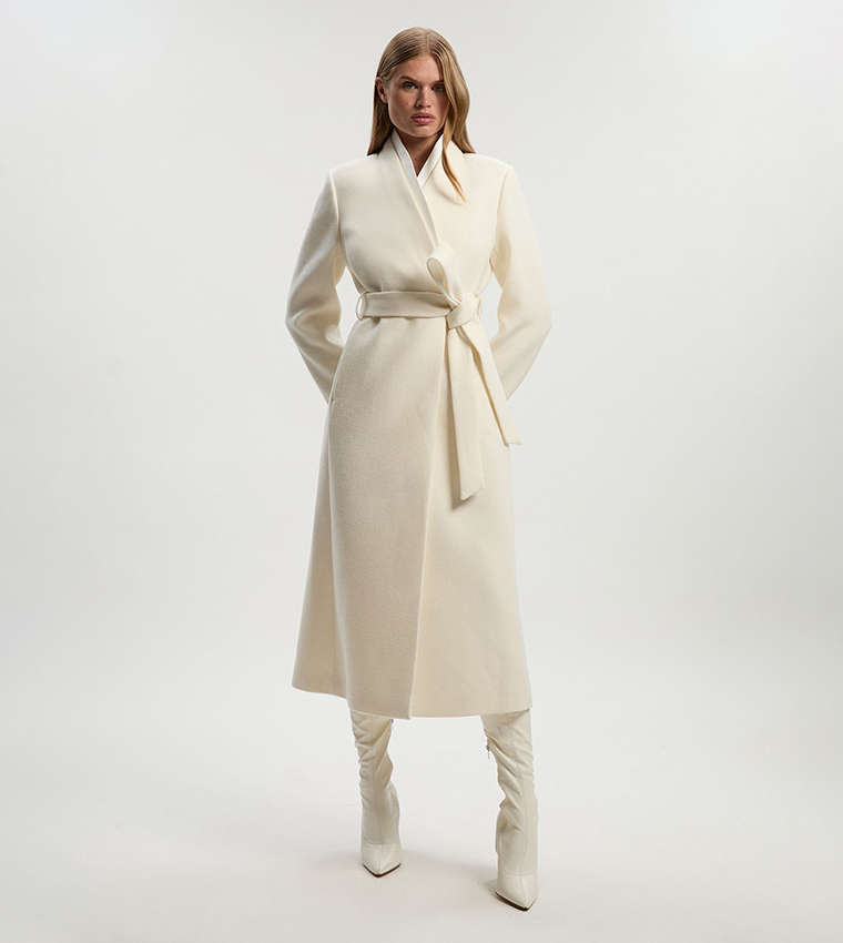 Brushed Wool Satin Mix Belted Wrap Neck Coat
