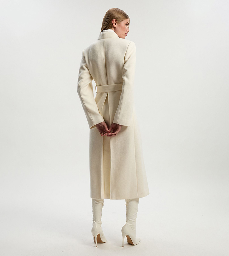 Brushed Wool Satin Mix Belted Wrap Neck Coat