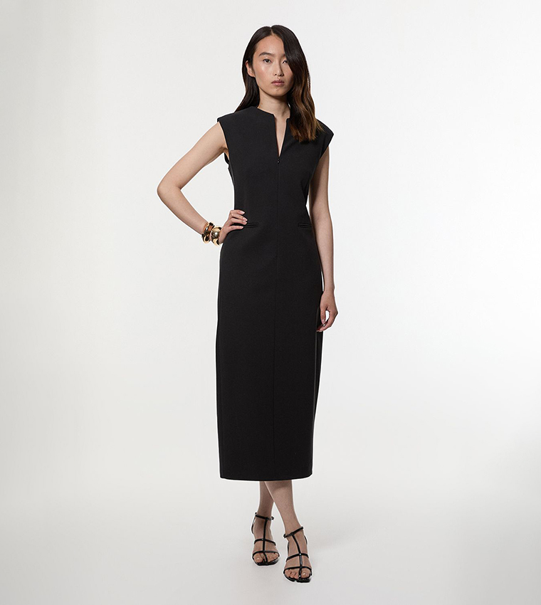 Compact Stretch Zip-Through Tailored Pencil Midi Dress