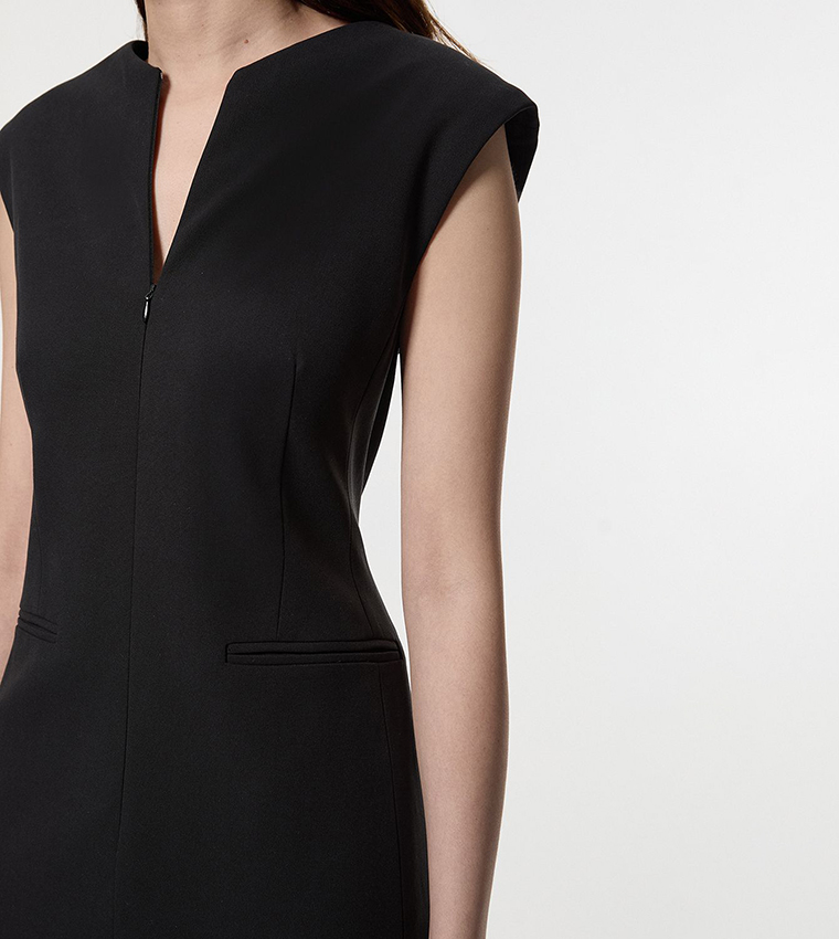 Compact Stretch Zip-Through Tailored Pencil Midi Dress